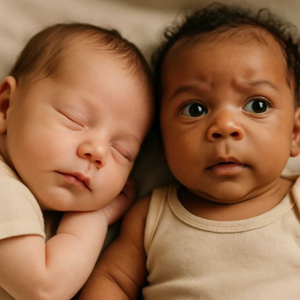 Two newborn babies showing different innate temperaments, a key component of the 'nature' aspect of personality.