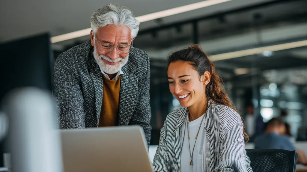 A mentor guiding a colleague at work, showing how personal development unlocks the potential to contribute and help others grow