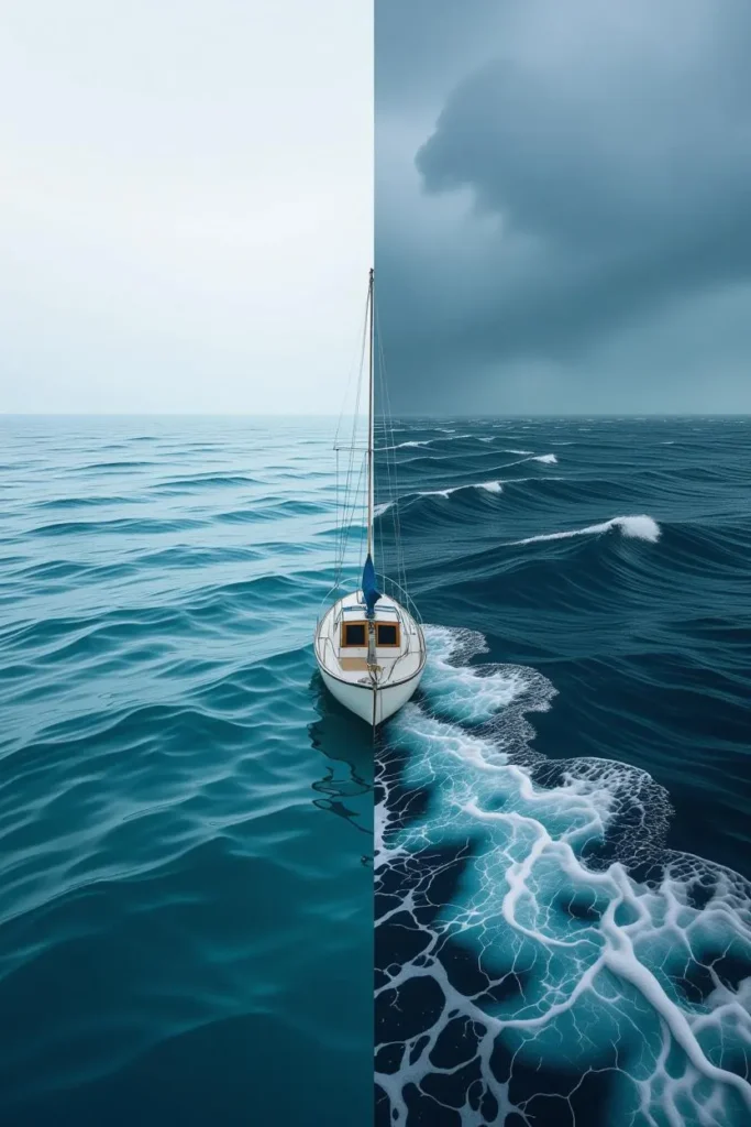 A conceptual image contrasting a calm sea (emotional stability) with a stormy sea (neuroticism), one of the Big Five traits.