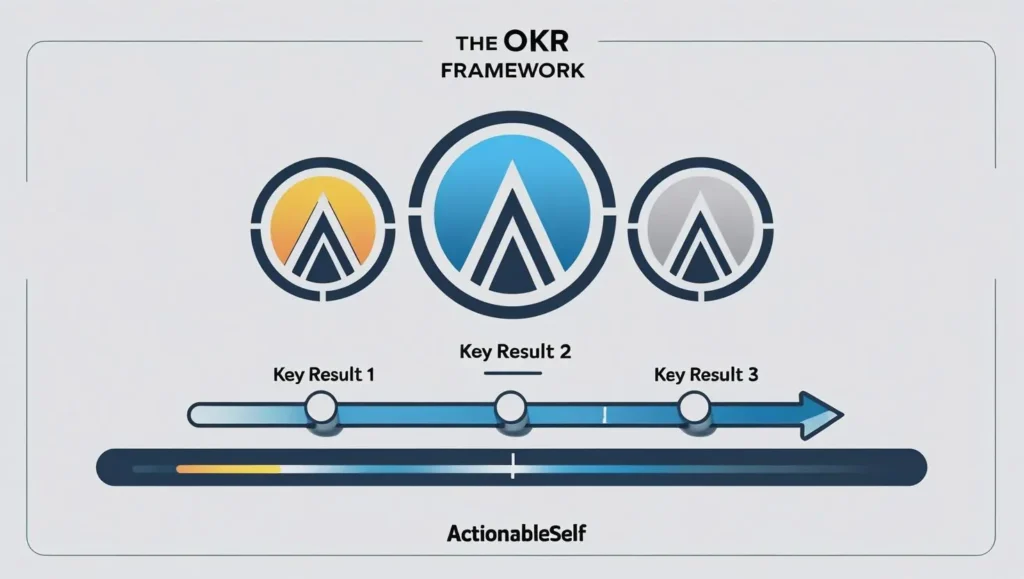 An infographic explaining the OKR framework, with one main Objective and three measurable Key Results