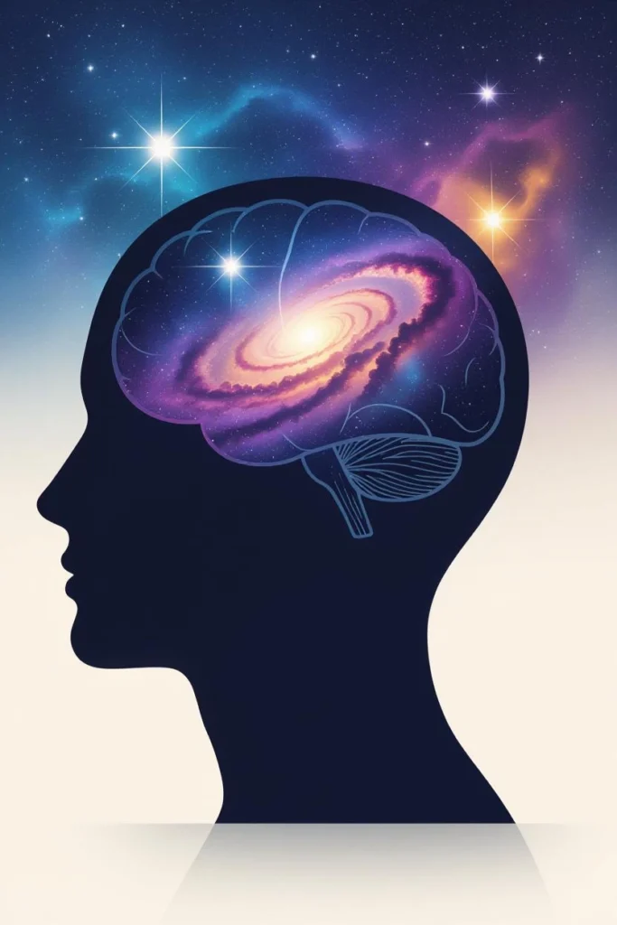 A conceptual image representing the Openness to Experience personality trait, showing a galaxy inside a person's head.