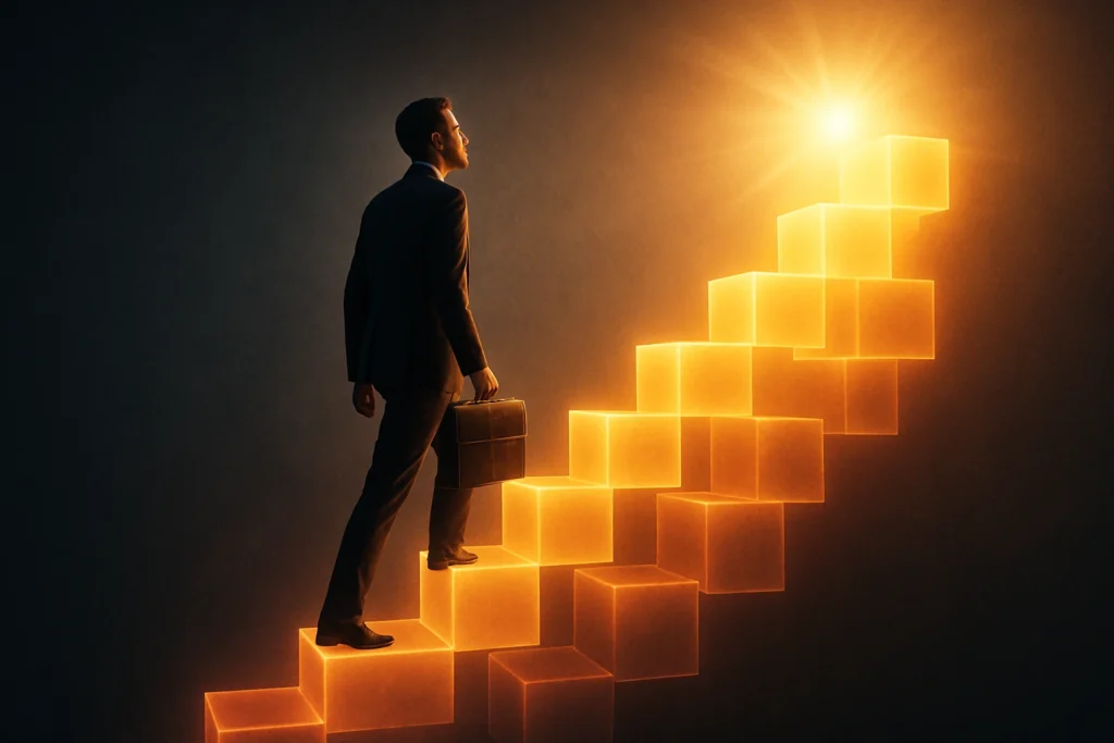 A person climbing a staircase, symbolizing the use of a personal development plan for career advancement