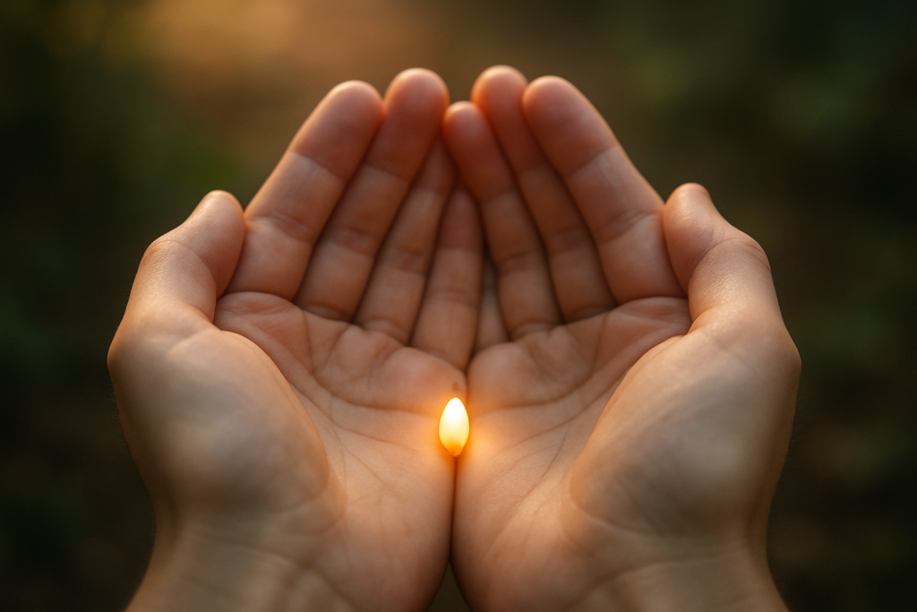 A single seed resting in a person's cupped hands, symbolizing the beginning of a personal development journey
