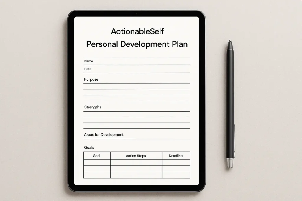 The ActionableSelf free personal development plan template, available as a downloadable PDF