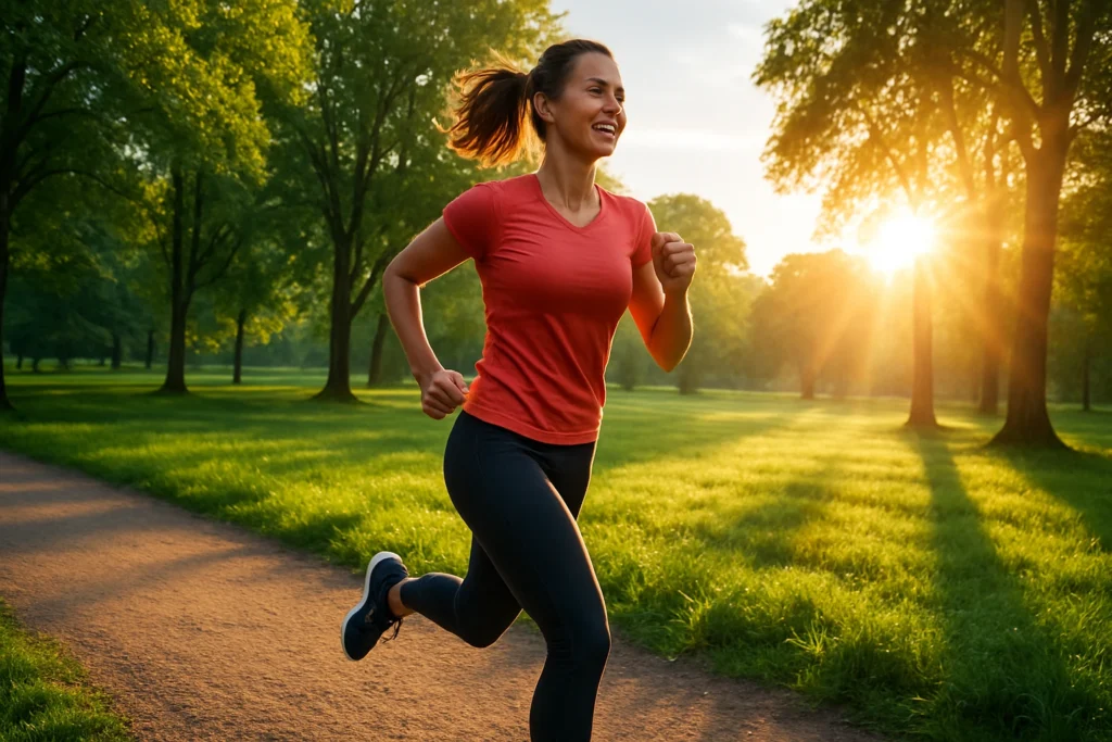 An energized person on a morning run, highlighting the importance of exercise for physical development and health