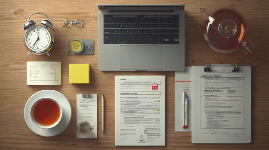 A desk with the best tools for implementing the Pomodoro Technique, including a timer and a notepad for distractions.