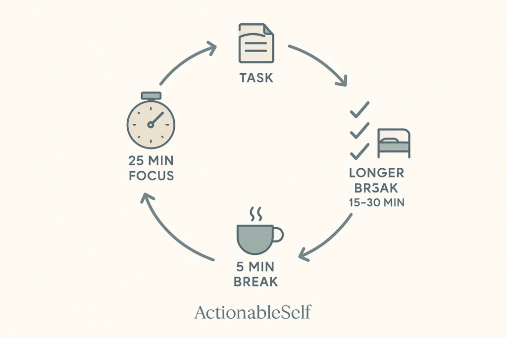 An infographic showing the 5 simple steps of the Pomodoro Technique cycle, from choosing a task to taking breaks.