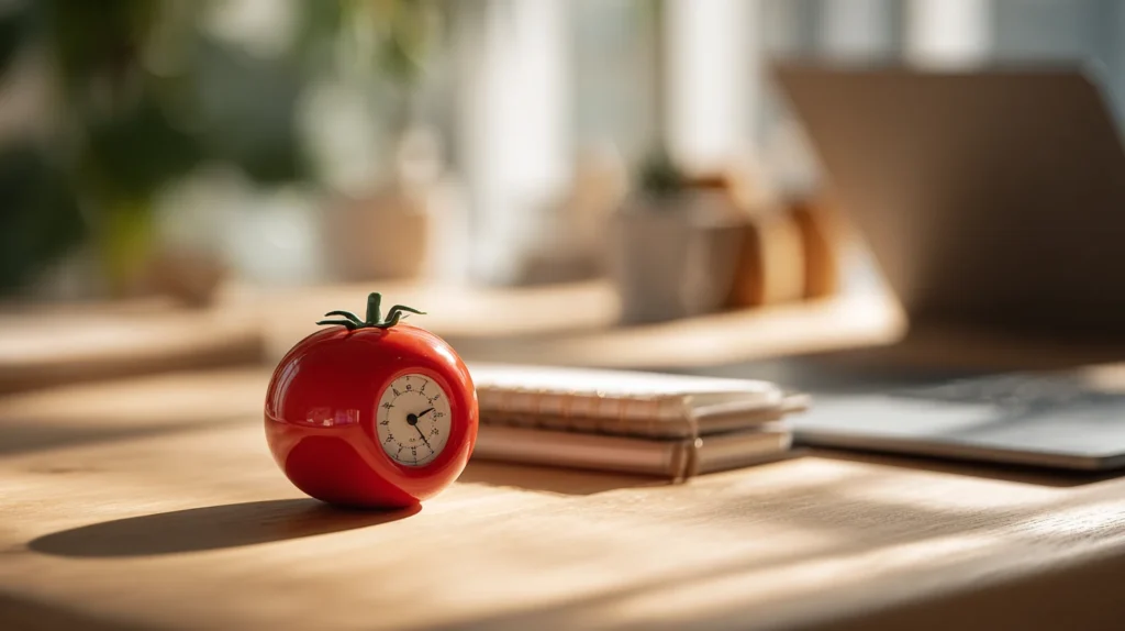 A tomato-shaped kitchen timer, the original tool for the Pomodoro Technique, on a desk ready for a focus session.