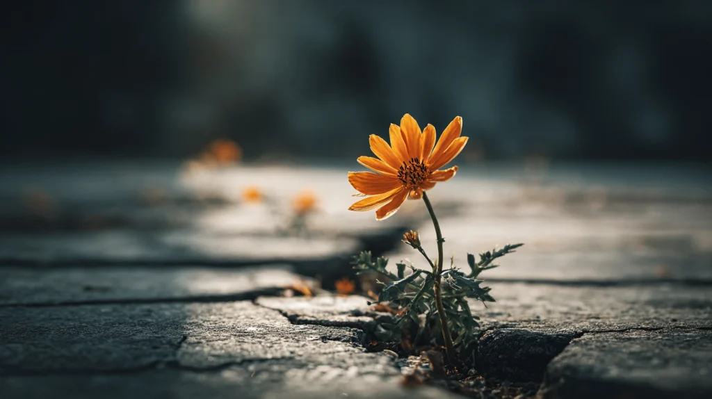 A single flower growing through a crack in concrete, a powerful metaphor for fostering resilience through personal development