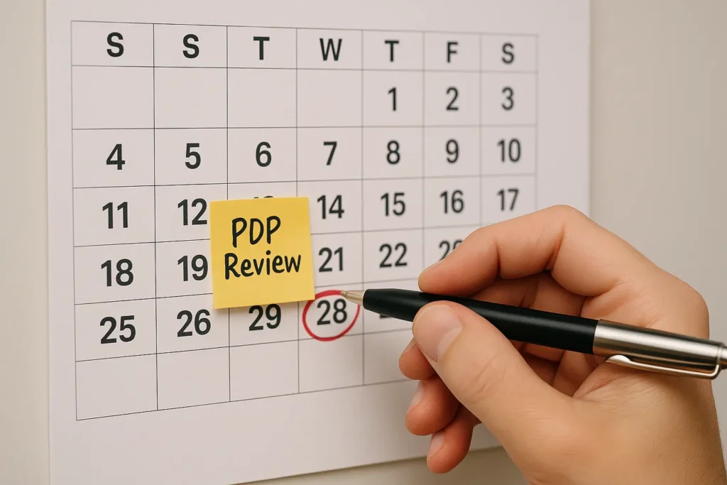 Scheduling a recurring monthly review for a personal development plan on a calendar to ensure progress