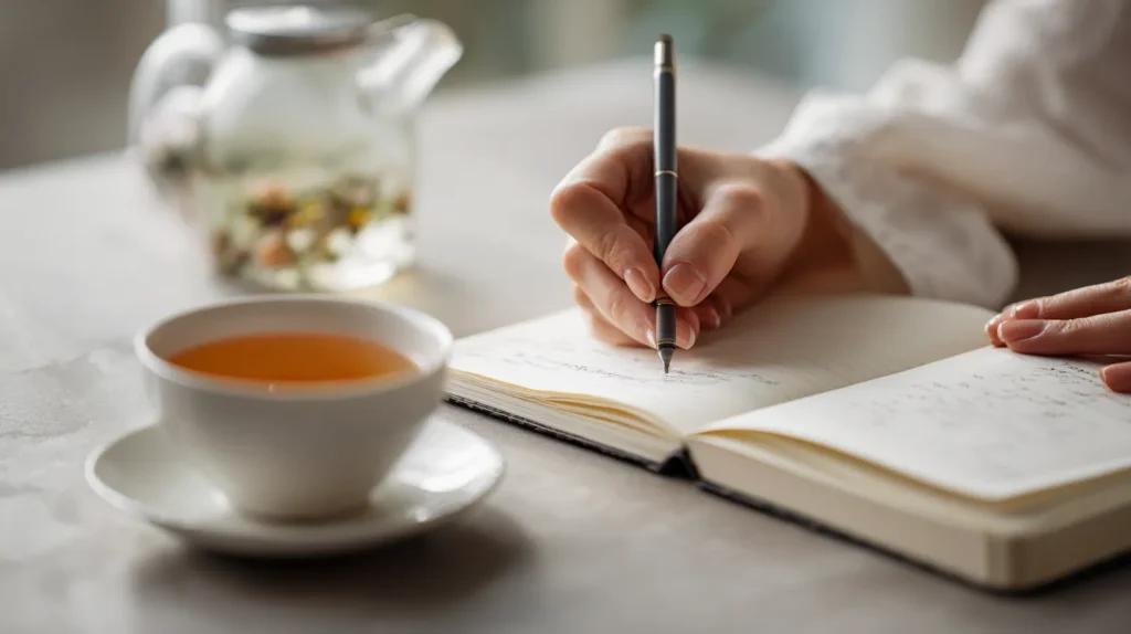 A person doing a self-awareness exercise by writing their thoughts in a journal