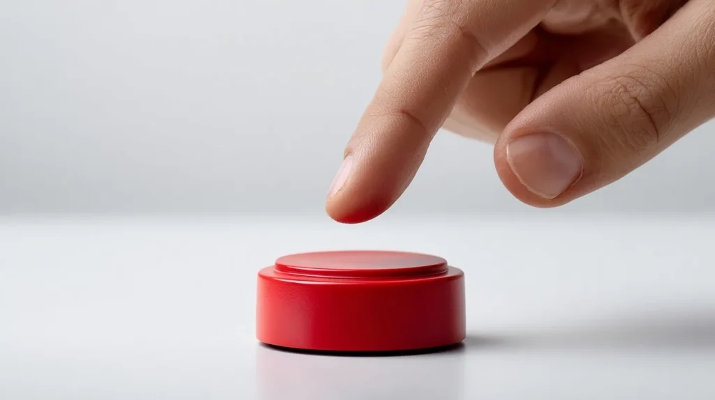 A hand about to press a pause button, a metaphor for the strategic pause exercise in self-management