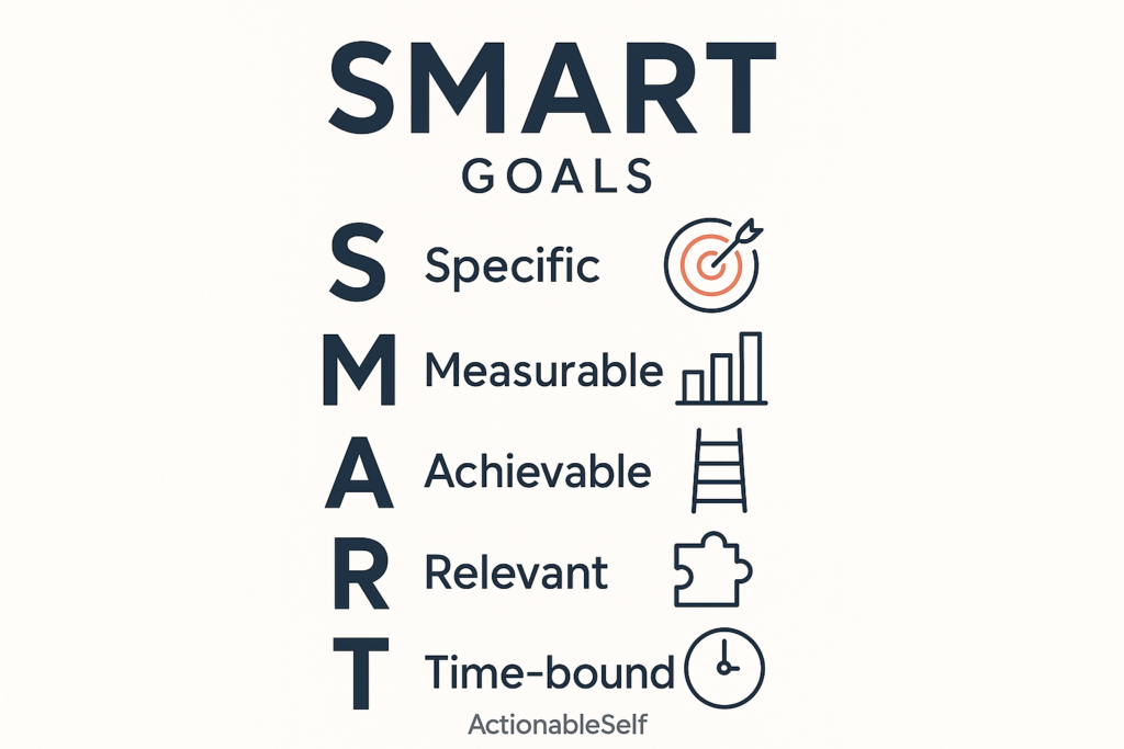 An infographic explaining the SMART goals framework: Specific, Measurable, Achievable, Relevant, and Time-bound
