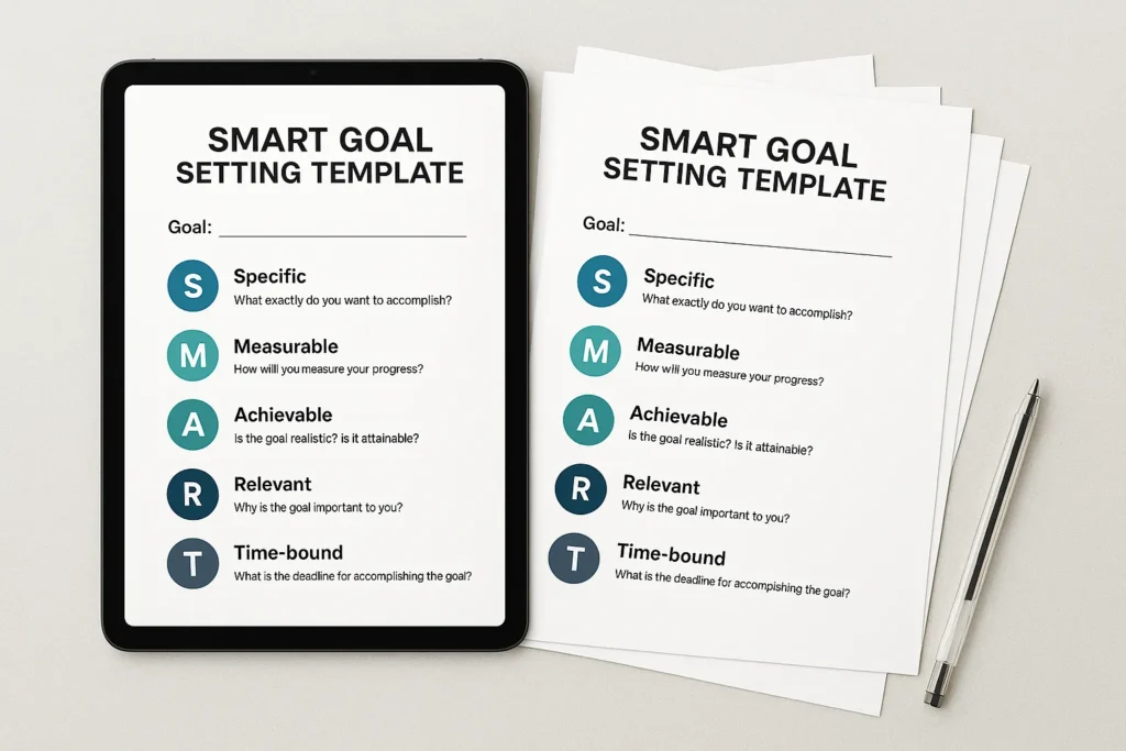 A mockup of the ActionableSelf free SMART goal setting template, a fillable PDF to help you write and track your objectives.