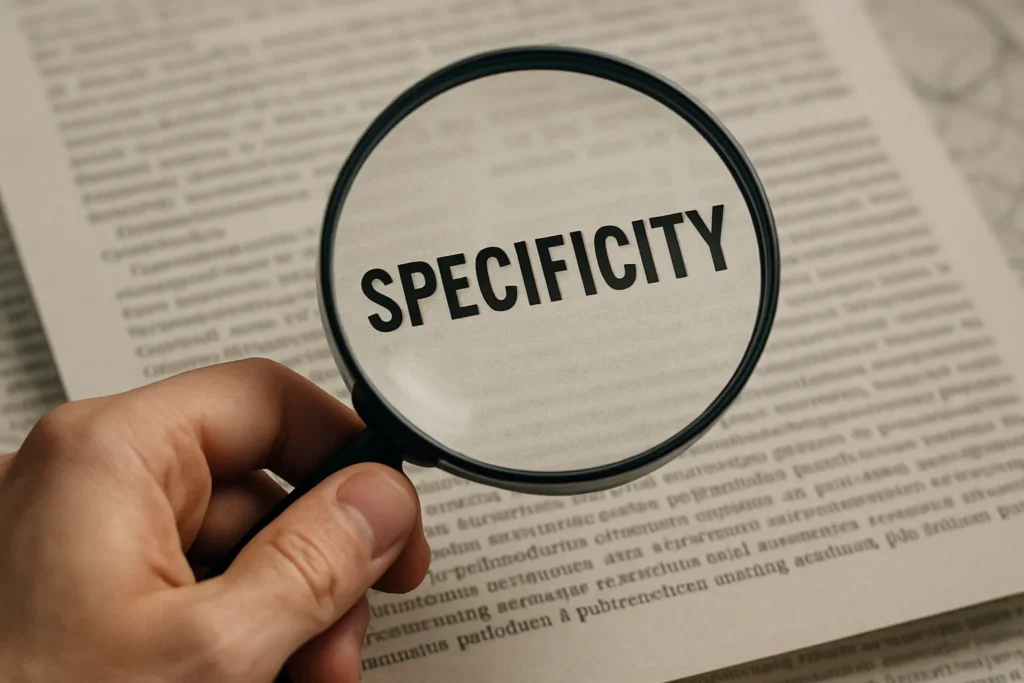 A magnifying glass focusing on a specific point, representing the 'Specific' component of the SMART goals framework.