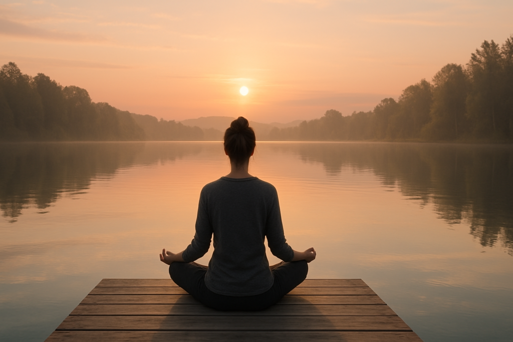 A person finding inner peace and purpose through meditation by a lake, an example of spiritual development