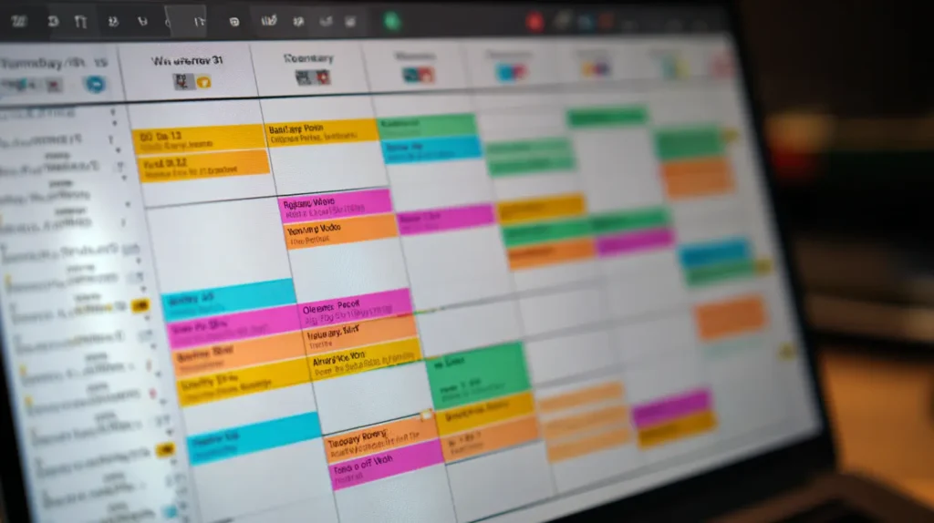 A digital calendar with time blocks scheduled for specific tasks, a key strategy to stop procrastinating.