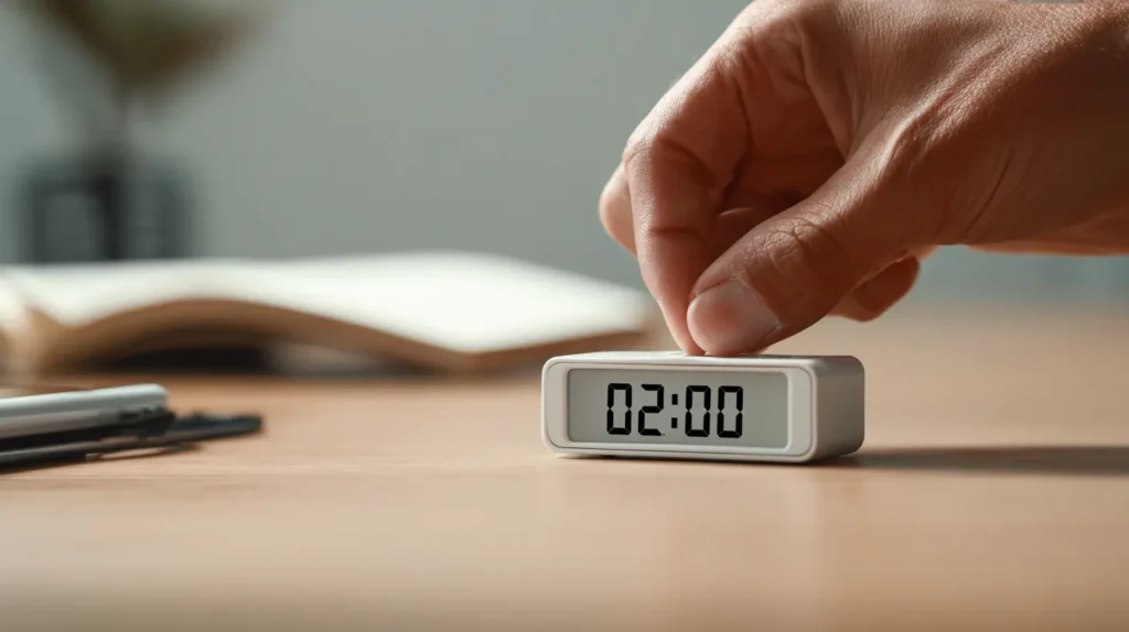 A hand setting a timer for two minutes, an example of the Two-Minute Rule to beat procrastination.