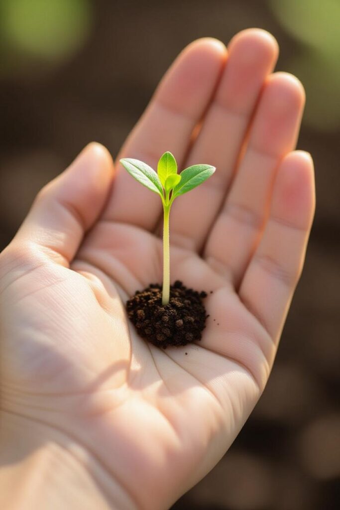 A single seed sprouting in a person's hand, representing the beginning of a personal development and personal growth journey.