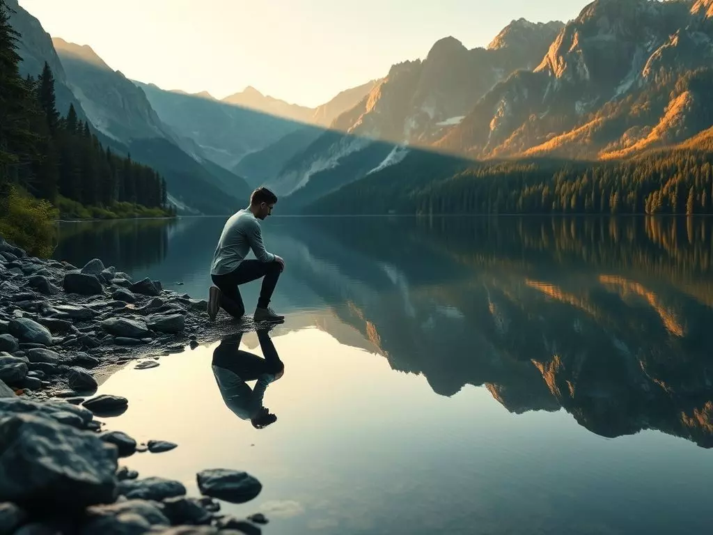 A person looking at their clear reflection in a calm lake, symbolizing the concept of self-awareness