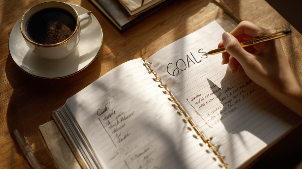 A person writing specific SMART goal examples for their career and health in a planner