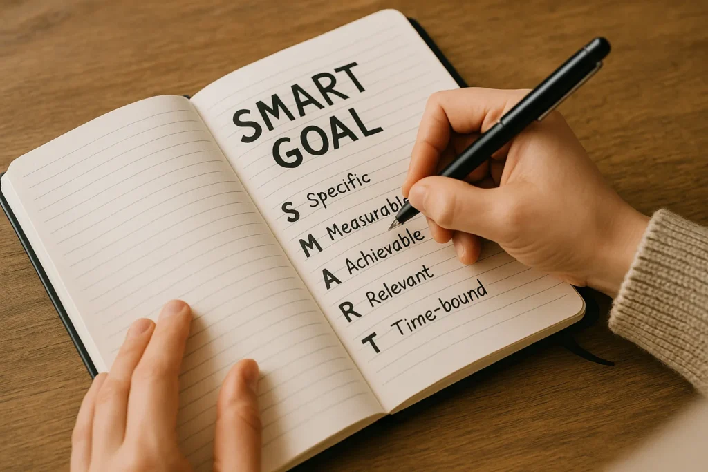 A person writing a detailed SMART goal and action plan in a notebook, a key step in the goal-setting process.