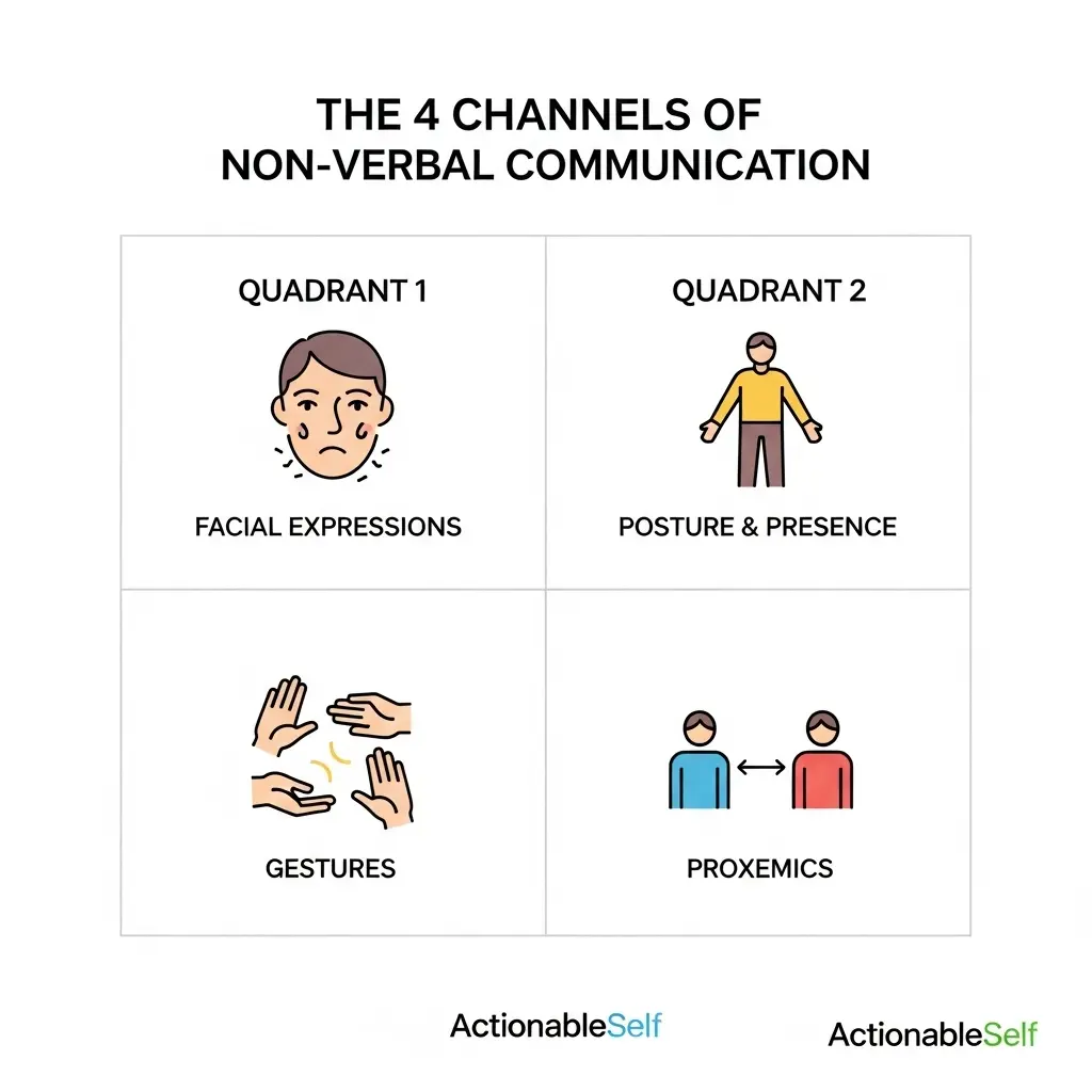 An infographic showing the 4 channels of non-verbal communication: facial expressions, posture, gestures, and proxemics.