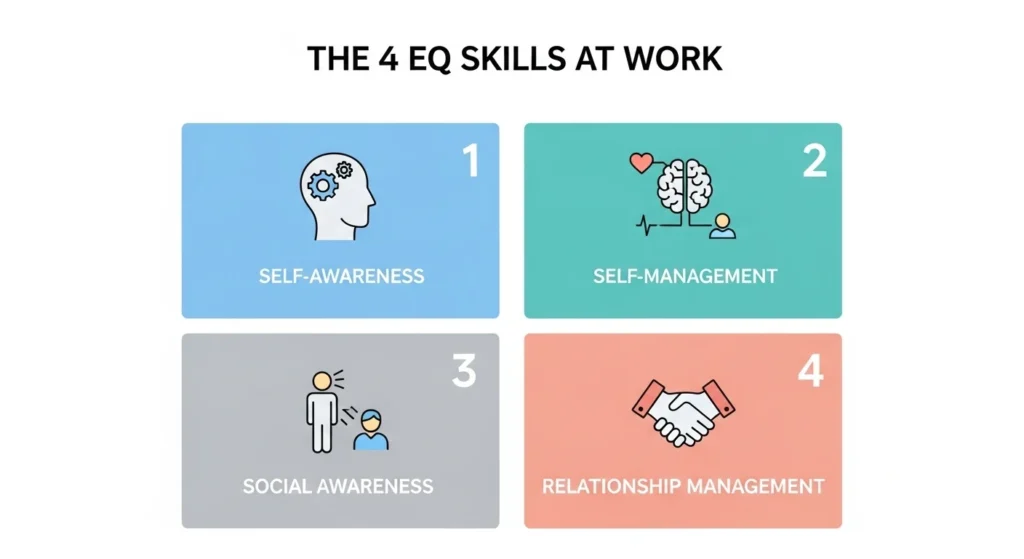An infographic from ActionableSelf showing the 4 EQ skills in the workplace: Self-Awareness, Self-Management, Social Awareness, and Relationship Management.
