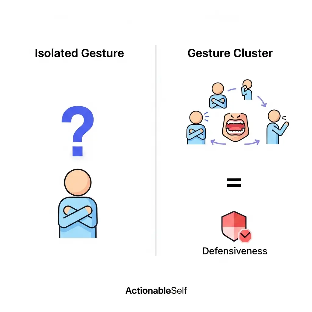 An infographic explaining the golden rule of body language: read clusters of signals together, not single gestures in isolation.