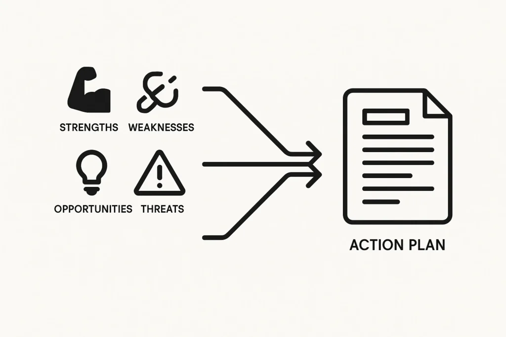 A conceptual image showing how insights from a SWOT analysis are connected to create an actionable Personal Development Plan (PDP).