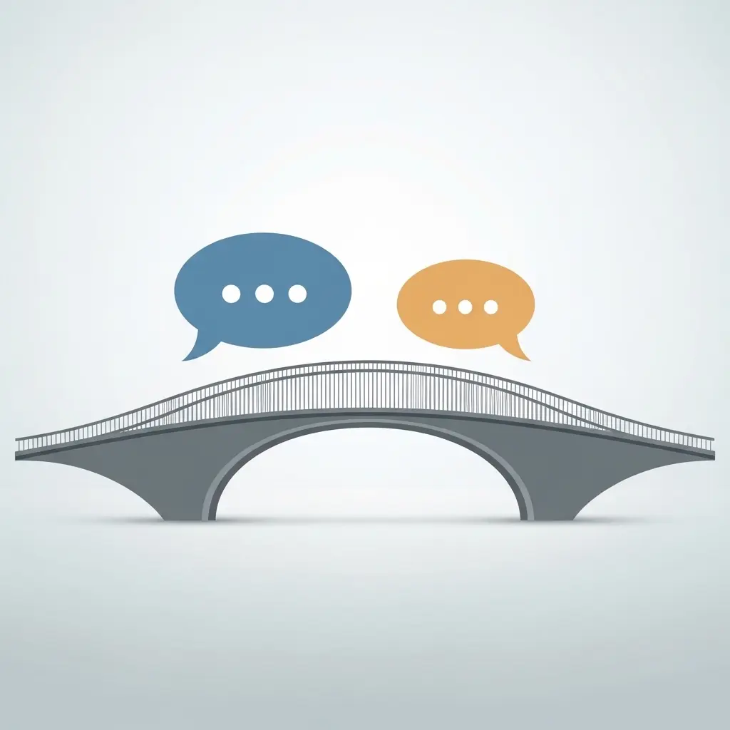 A conceptual image of a bridge connecting two speech bubbles, representing how a curious question turns feedback into a constructive conversation.