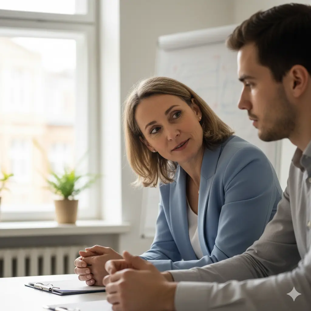 A manager providing constructive feedback to an employee while discussing their personal development plan.