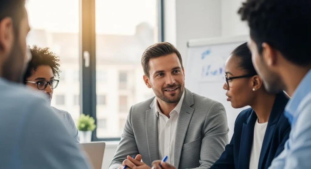 A team leader demonstrating emotional intelligence in the workplace by listening with empathy to their team.