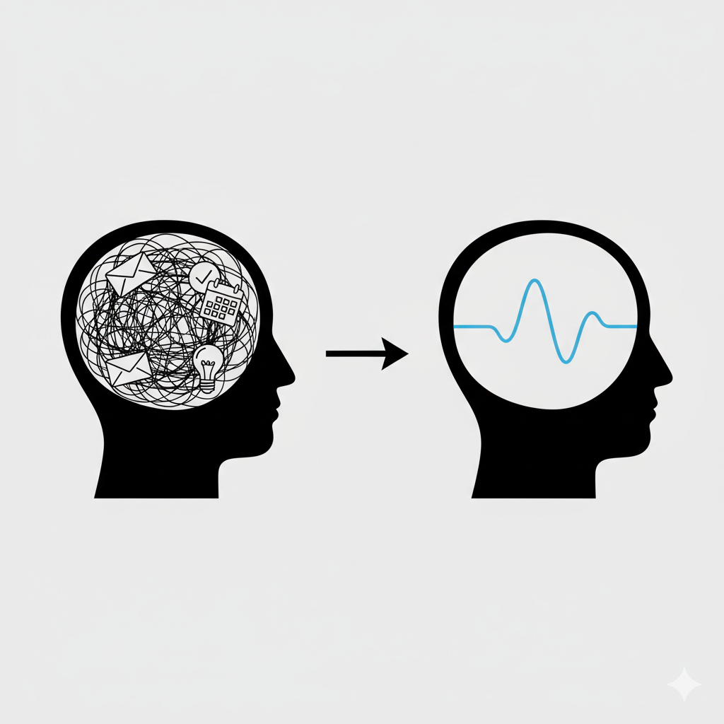A conceptual image showing how the Getting Things Done (GTD) method helps clear mental clutter to achieve a "mind like water".