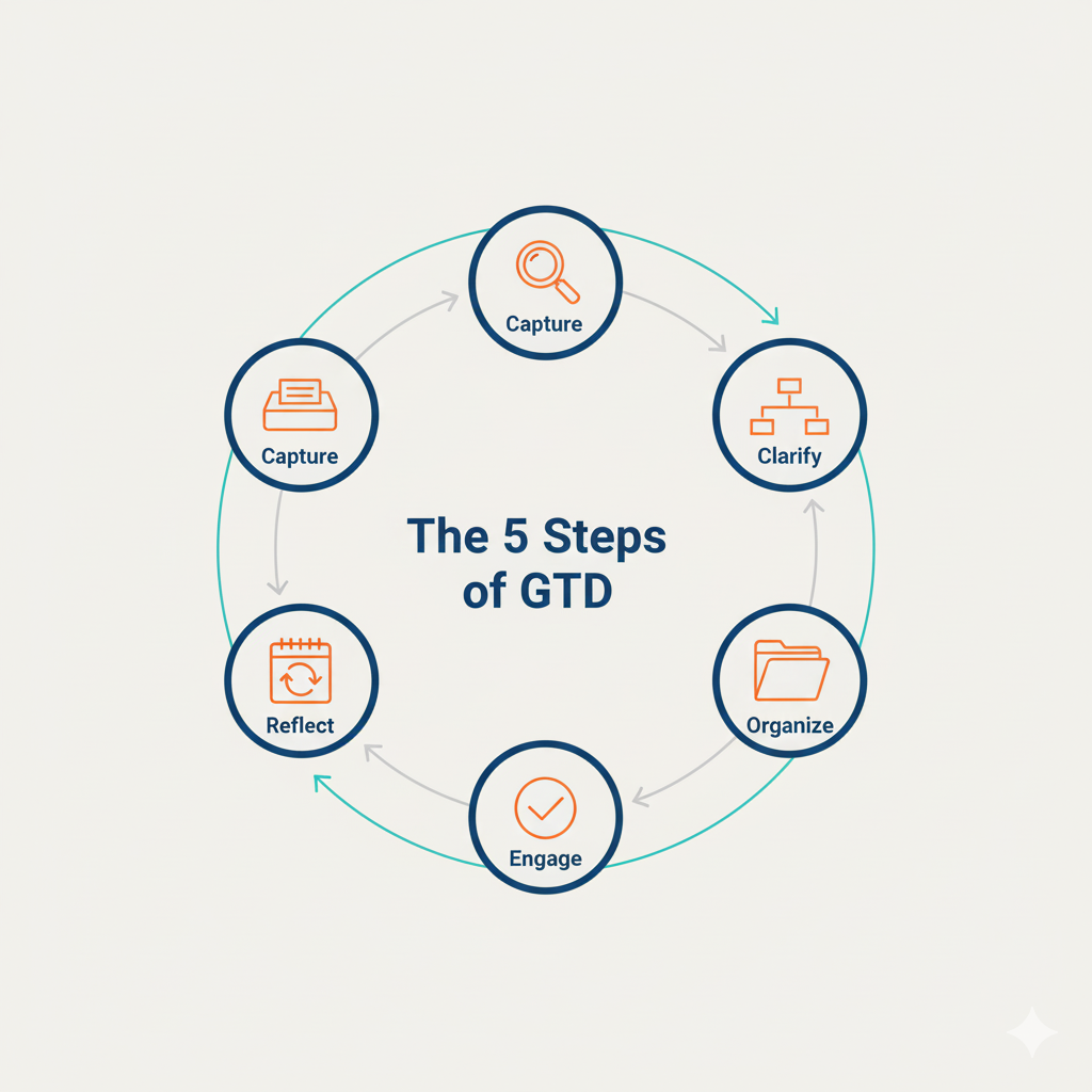 An infographic from ActionableSelf illustrating the 5 steps of the GTD workflow: Capture, Clarify, Organize, Reflect, and Engage.