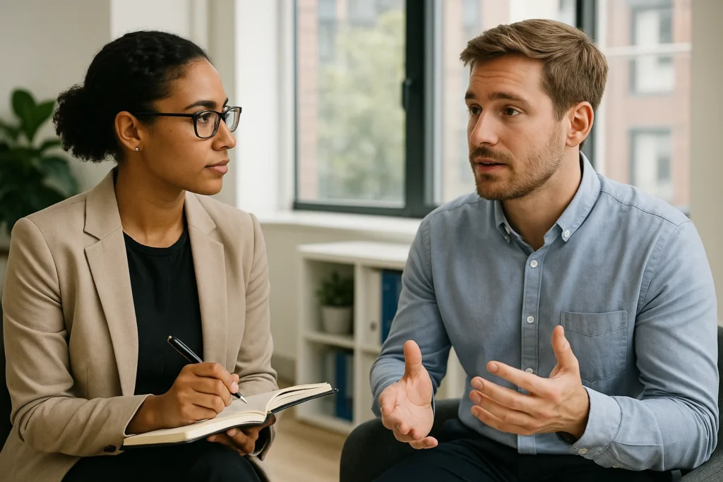 A client having a productive session with a personal development coach, demonstrating the process of how to find the right coach.