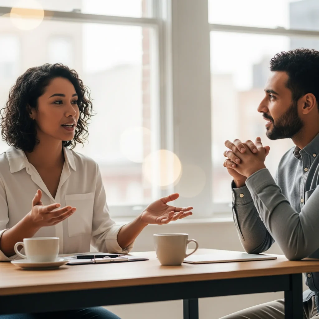 A manager giving constructive feedback to a colleague in a supportive and professional manner, following a clear framework.