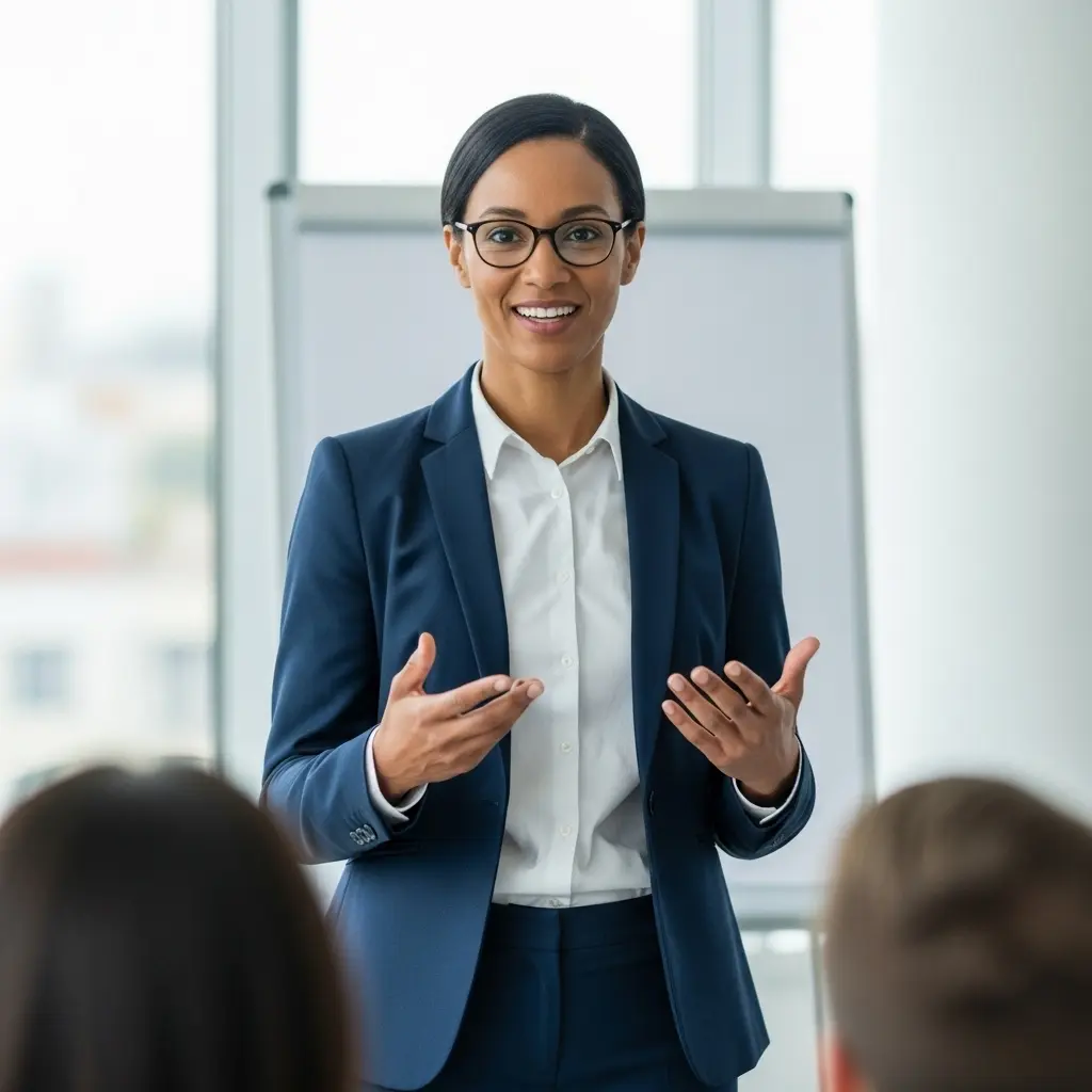 A person projecting confidence by improving their own body language through open posture and good eye contact.