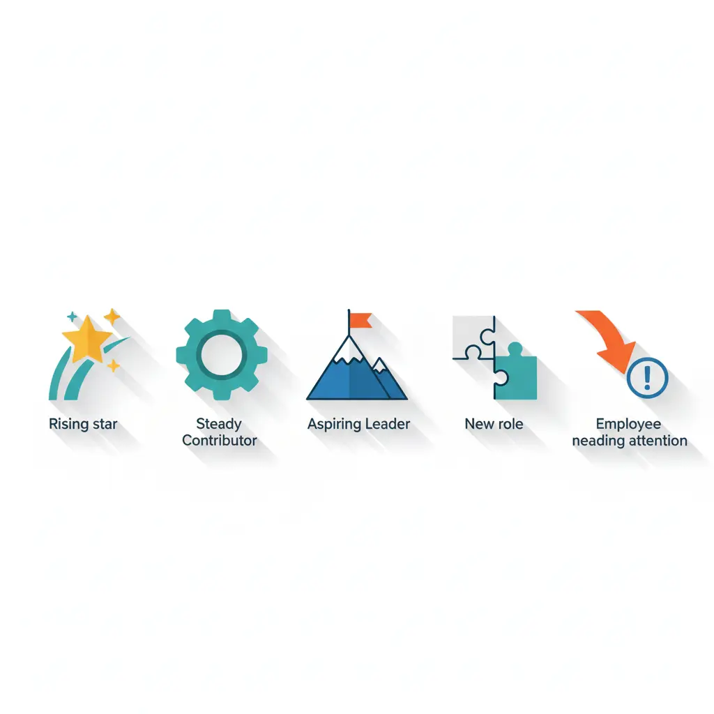 An infographic showing five common coaching scenarios for managers using a PDP, from high-potentials to underperformers.