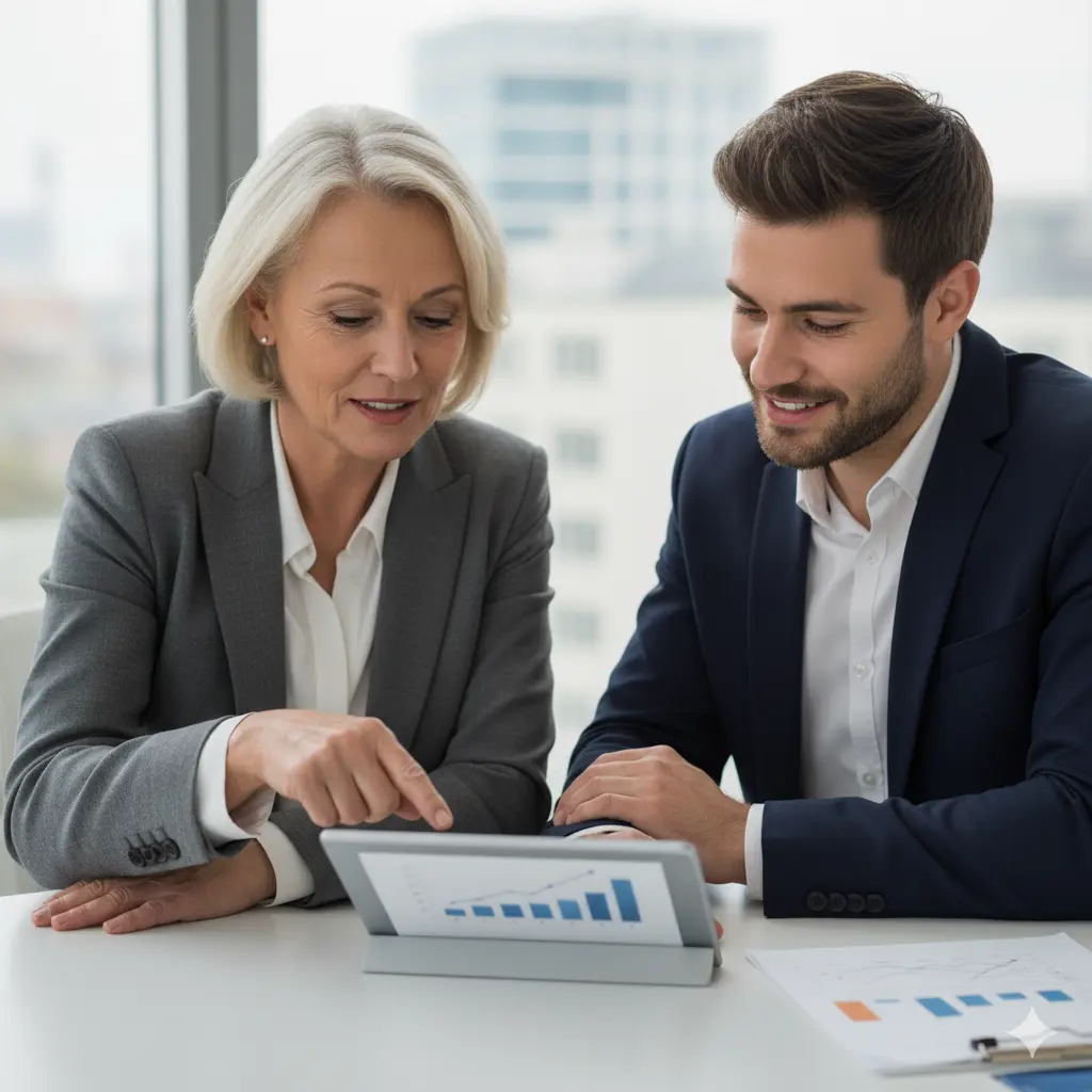 A manager using PDP examples for managers to coach a team member on their career development plan.