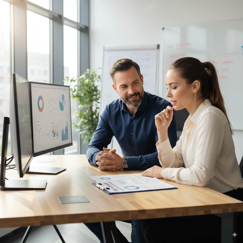 A manager and employee collaboratively discussing a personal development plan for employees in a positive and supportive meeting.