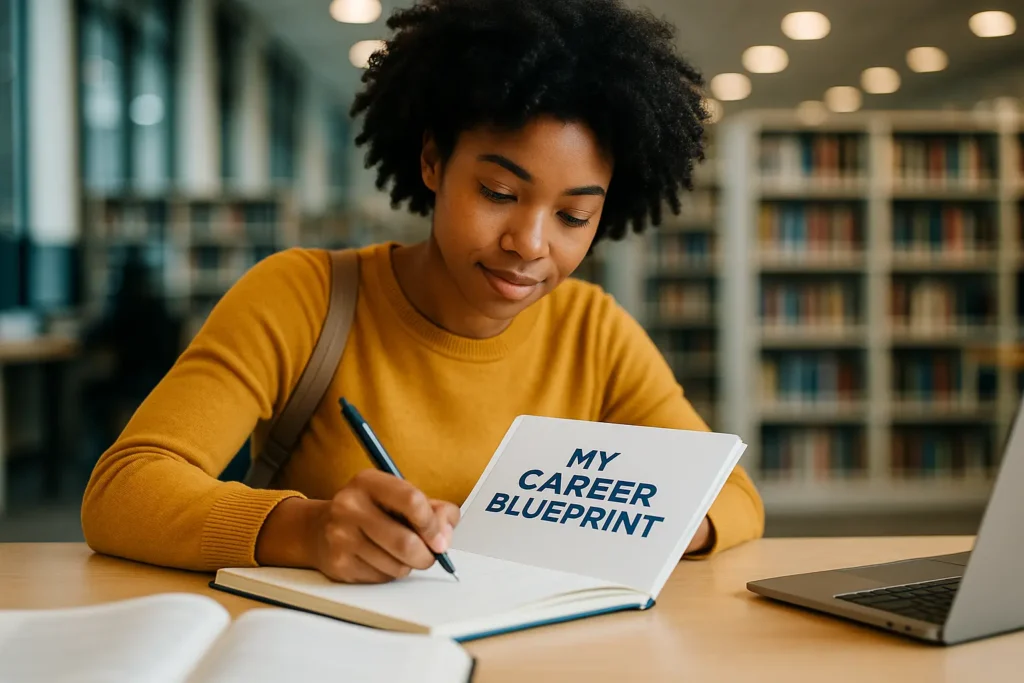 A university student writing in a planner, creating a personal development plan for students to build their future career.