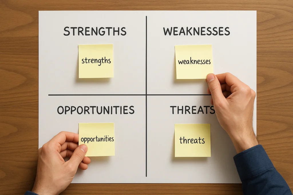 A person conducting a personal SWOT analysis on a large sheet of paper, a strategic tool for their personal development plan.