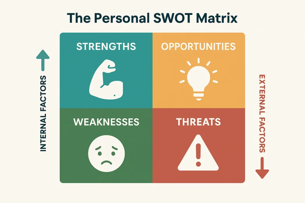 An infographic from ActionableSelf explaining the Personal SWOT Analysis framework, showing the four quadrants: Strengths, Weaknesses (Internal Factors), Opportunities, and Threats (External Factors).