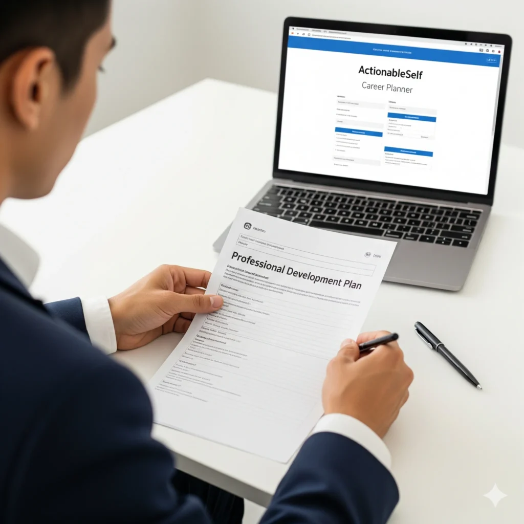 A professional using a professional development plan template to plan their career growth and set strategic goals.