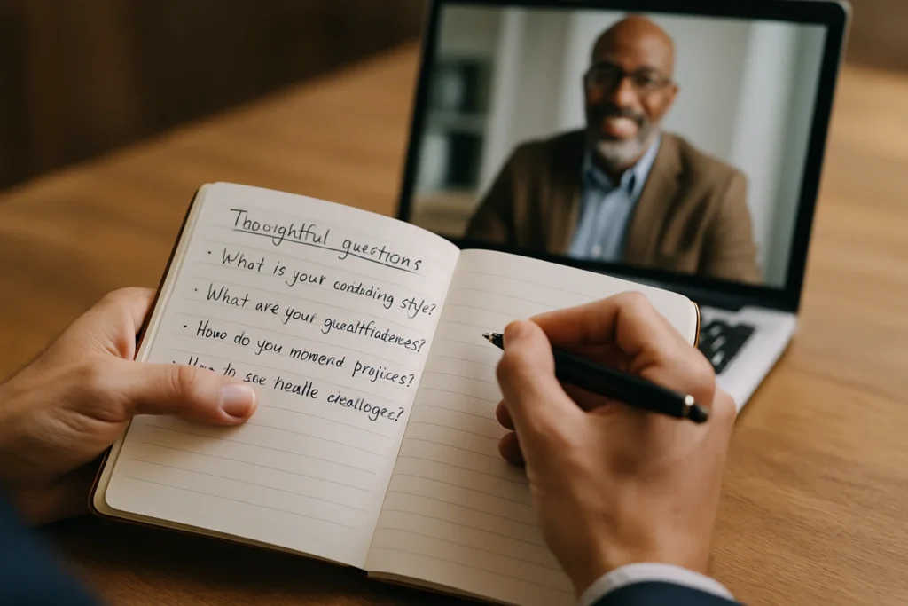 A person preparing a list of questions to ask a potential personal development coach during a discovery call.