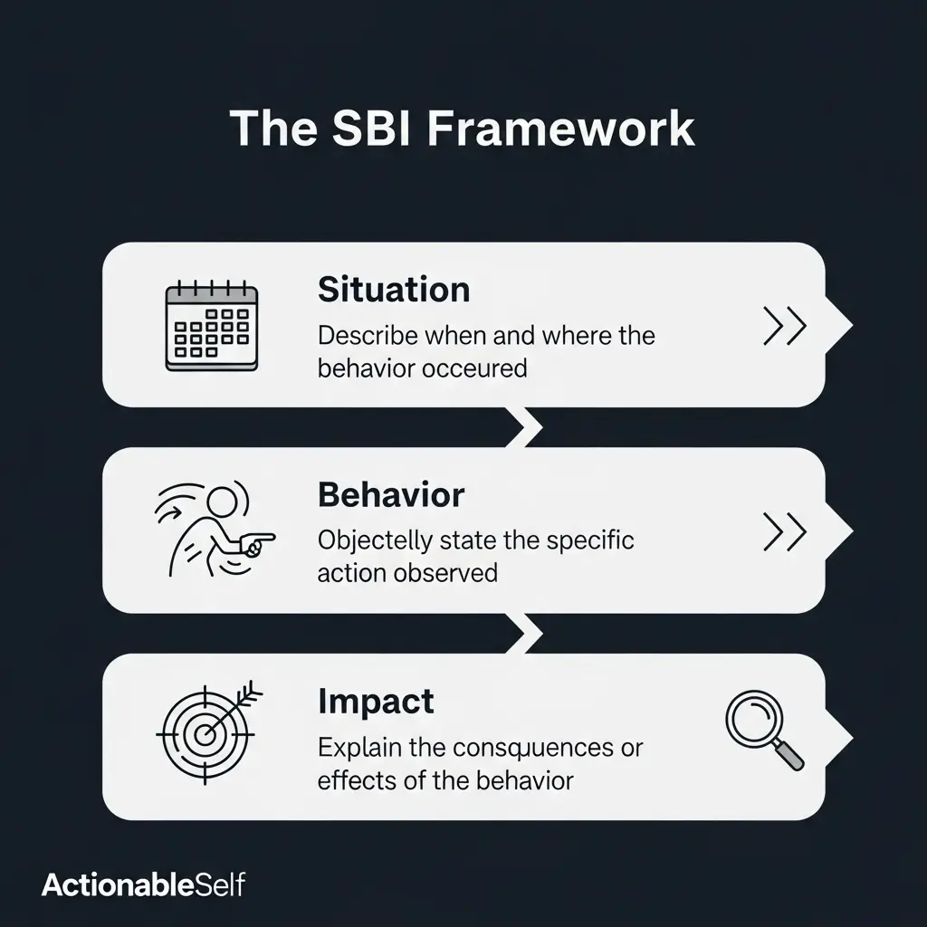An infographic from ActionableSelf explaining the SBI framework for giving constructive feedback: Situation, Behavior, and Impact.