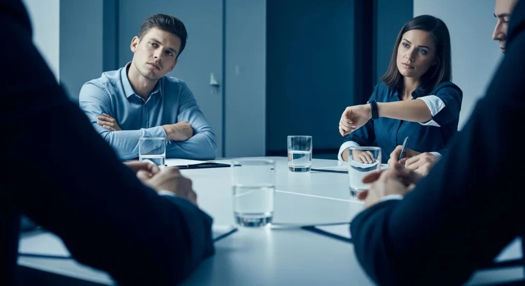 A person practicing social awareness by reading the room and noticing non-verbal cues in a business meeting.