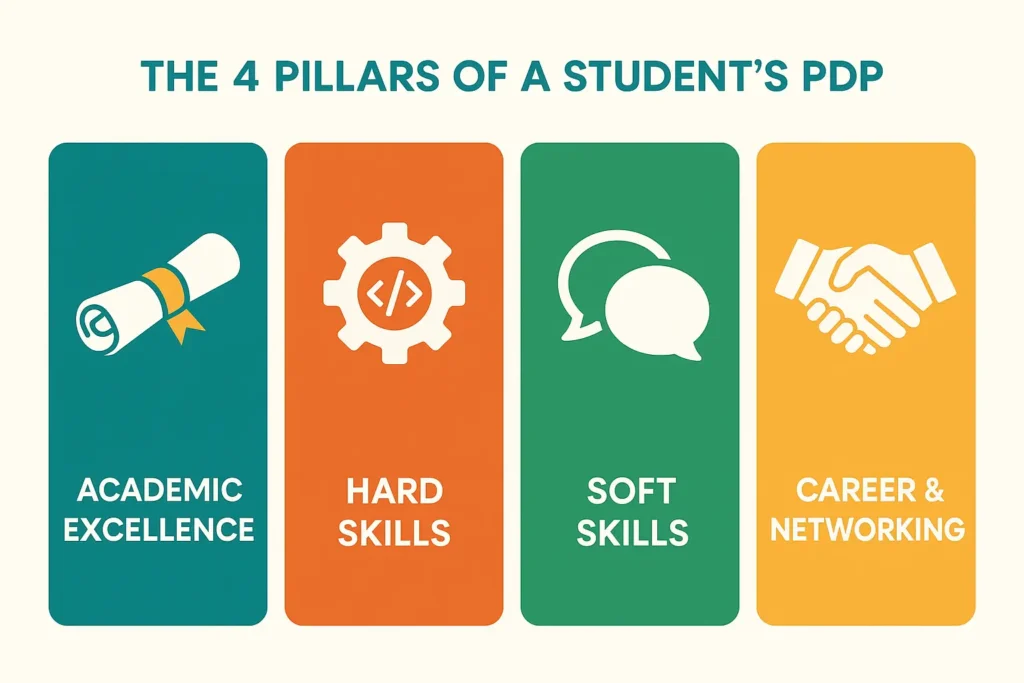 An infographic from ActionableSelf showing the 4 key areas for a student's personal development plan: Academic, Hard Skills, Soft Skills, and Career & Networking.
