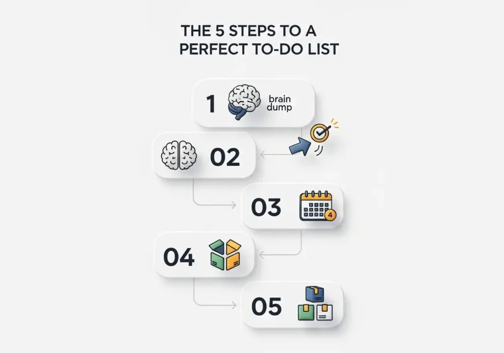 An infographic from ActionableSelf showing the 5 fundamental steps to create an effective to-do list, from capturing tasks to batching.